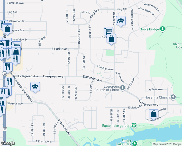 map of restaurants, bars, coffee shops, grocery stores, and more near 1927 Evergreen Avenue in Des Moines
