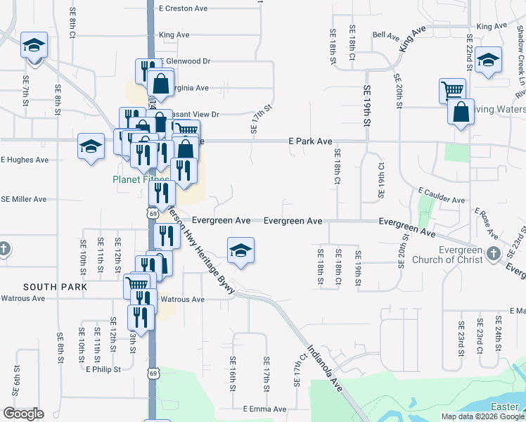 map of restaurants, bars, coffee shops, grocery stores, and more near 1701 Evergreen Avenue in Des Moines