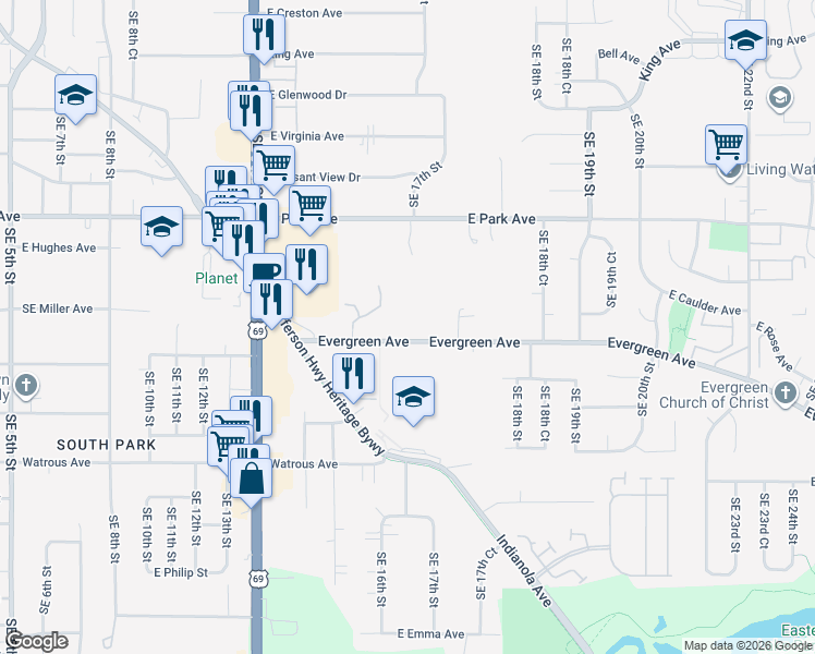 map of restaurants, bars, coffee shops, grocery stores, and more near 1611 Evergreen Avenue in Des Moines