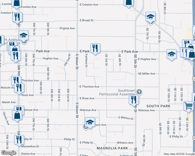 map of restaurants, bars, coffee shops, grocery stores, and more near 3526 Southeast 1st Court in Des Moines
