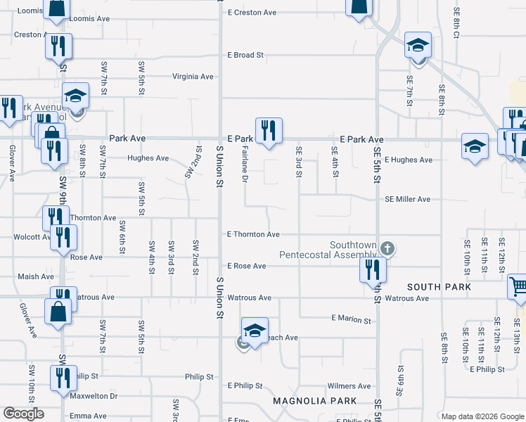 map of restaurants, bars, coffee shops, grocery stores, and more near 3526 Southeast 1st Court in Des Moines