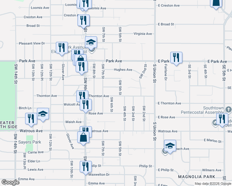 map of restaurants, bars, coffee shops, grocery stores, and more near 500 Thornton Avenue in Des Moines