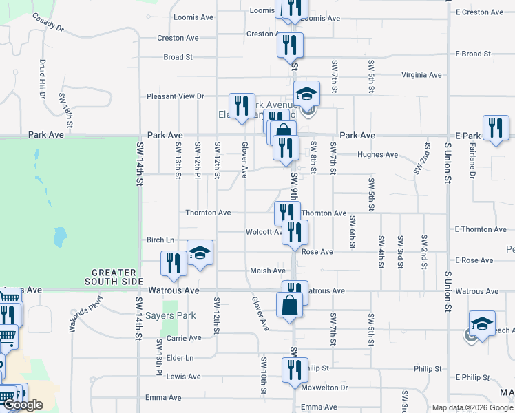 map of restaurants, bars, coffee shops, grocery stores, and more near 3611 Glover Avenue in Des Moines