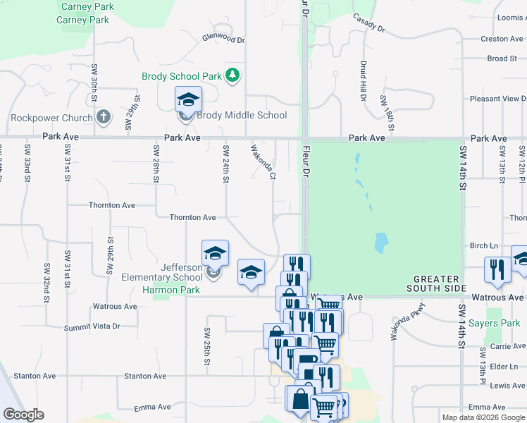map of restaurants, bars, coffee shops, grocery stores, and more near 2300 Thornton Avenue in Des Moines