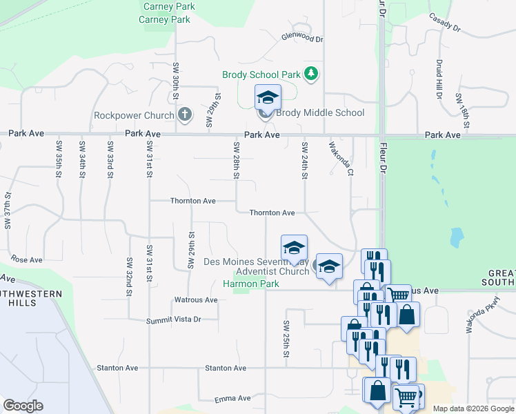 map of restaurants, bars, coffee shops, grocery stores, and more near 2600 Thornton Avenue in Des Moines