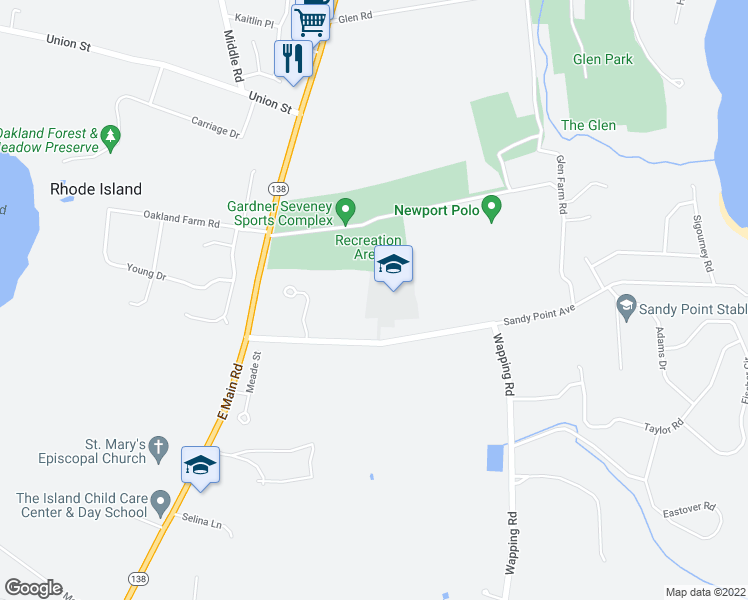 map of restaurants, bars, coffee shops, grocery stores, and more near 110 Sandy Point Avenue in Portsmouth