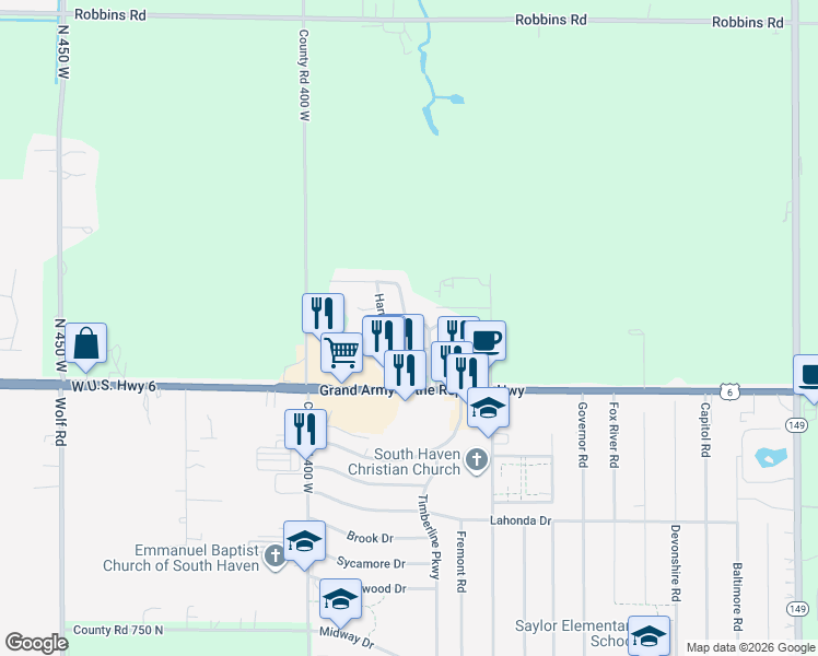 map of restaurants, bars, coffee shops, grocery stores, and more near 2-98 Harmony Trail in Valparaiso