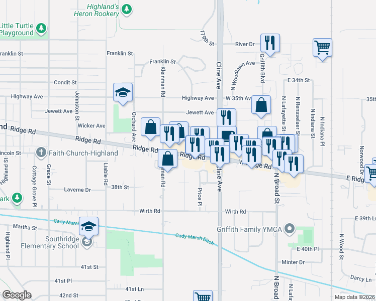 map of restaurants, bars, coffee shops, grocery stores, and more near 3904 Ridge Rd in Highland