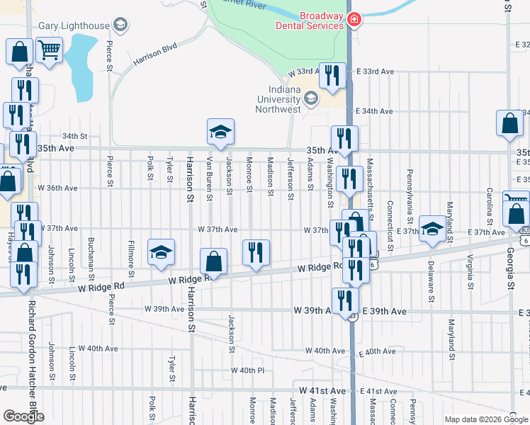 map of restaurants, bars, coffee shops, grocery stores, and more near 3648 Madison Street in Gary
