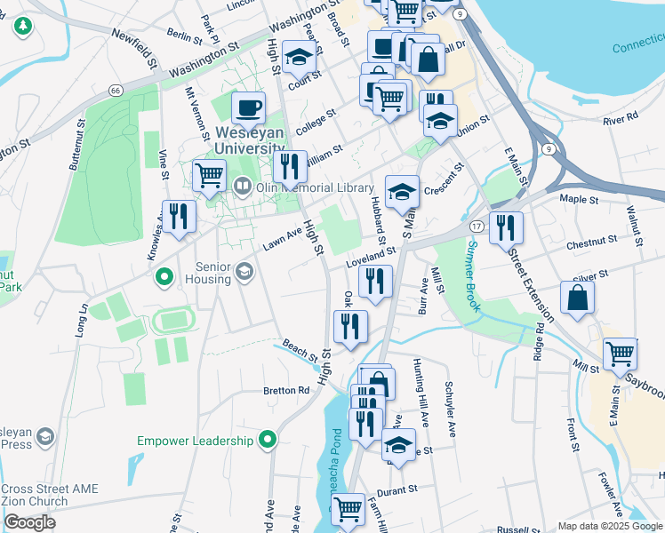 map of restaurants, bars, coffee shops, grocery stores, and more near 108 High Street in Middletown