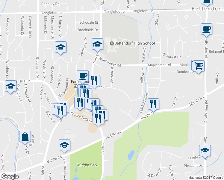 map of restaurants, bars, coffee shops, grocery stores, and more near 2479 Tech Drive in Bettendorf
