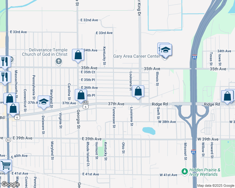 map of restaurants, bars, coffee shops, grocery stores, and more near 1216 East 36th Place in Gary