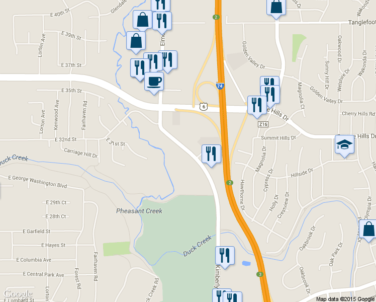 map of restaurants, bars, coffee shops, grocery stores, and more near 3404 East Kimberly Road in Davenport