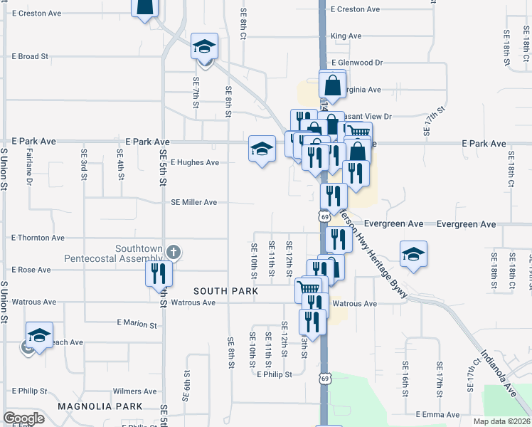map of restaurants, bars, coffee shops, grocery stores, and more near 3621 Southeast 11th Street in Des Moines