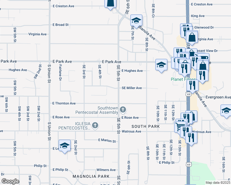 map of restaurants, bars, coffee shops, grocery stores, and more near 422 East Thornton Avenue in Des Moines