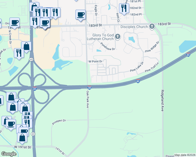 map of restaurants, bars, coffee shops, grocery stores, and more near 6731 Pine Lake Drive in Tinley Park