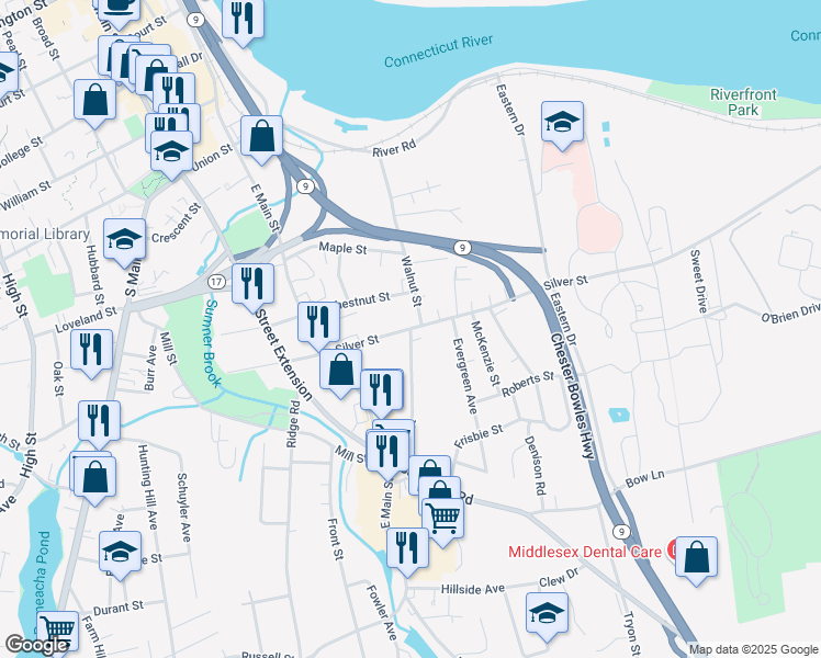 map of restaurants, bars, coffee shops, grocery stores, and more near Silver Street & Wall Street in Middletown
