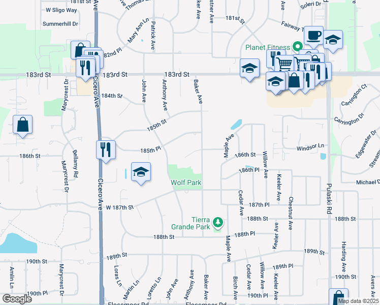 map of restaurants, bars, coffee shops, grocery stores, and more near 4470 186th Street in Country Club Hills