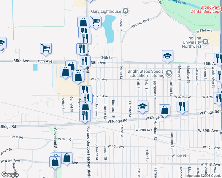 map of restaurants, bars, coffee shops, grocery stores, and more near 3688 Buchanan Street in Gary