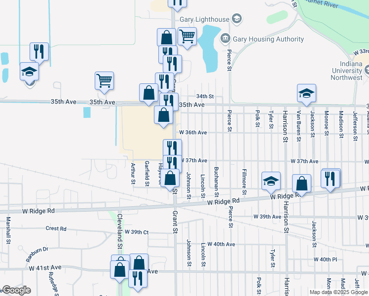 map of restaurants, bars, coffee shops, grocery stores, and more near 3685 Grant Street in Gary