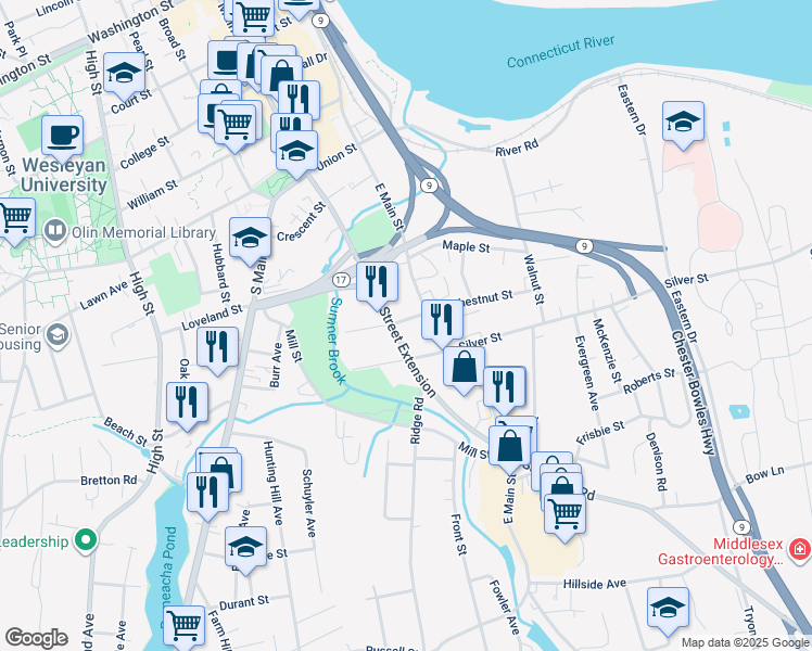 map of restaurants, bars, coffee shops, grocery stores, and more near 45 West Silver Street in Middletown