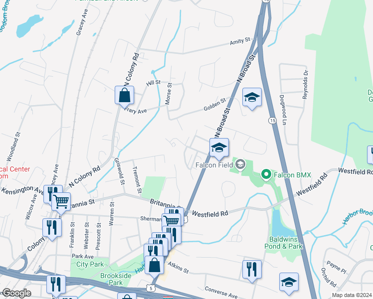 map of restaurants, bars, coffee shops, grocery stores, and more near 300 Britannia Street in Meriden