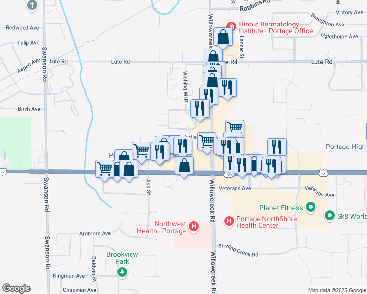map of restaurants, bars, coffee shops, grocery stores, and more near 5942 U.S. 6 in Portage