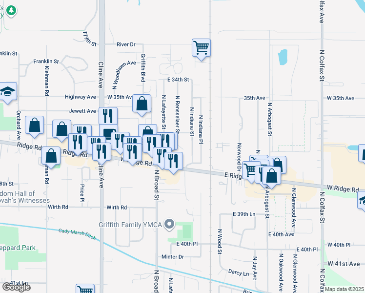 map of restaurants, bars, coffee shops, grocery stores, and more near 200 East Ridge Road in Griffith