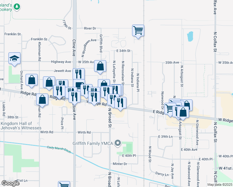 map of restaurants, bars, coffee shops, grocery stores, and more near 200 East Ridge Road in Griffith
