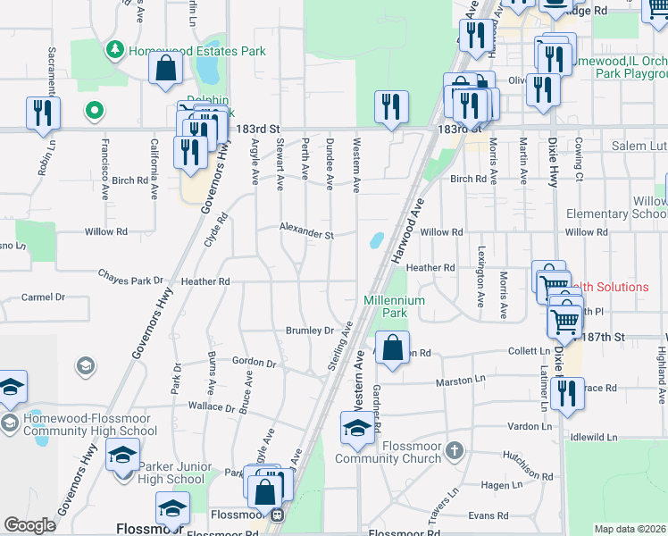 map of restaurants, bars, coffee shops, grocery stores, and more near 2440 Heather Road in Flossmoor