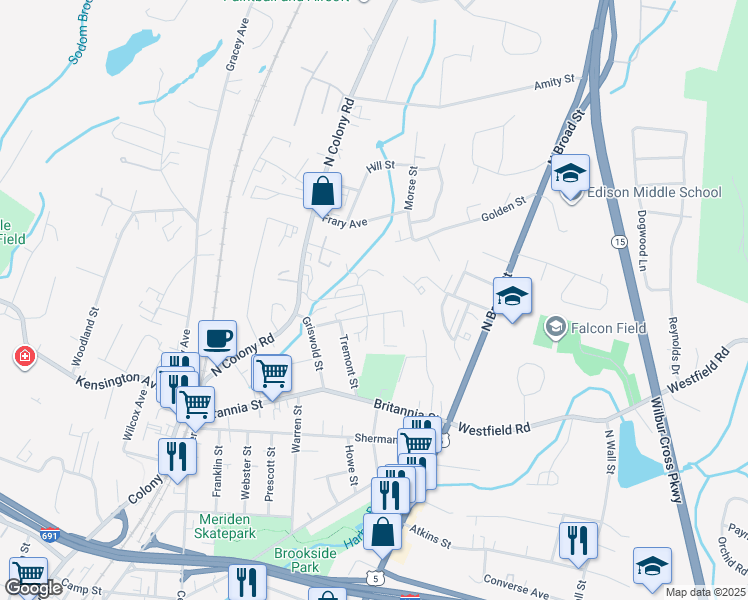 map of restaurants, bars, coffee shops, grocery stores, and more near 35 Cambridge Street in Meriden