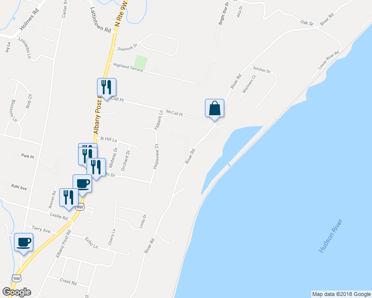 map of restaurants, bars, coffee shops, grocery stores, and more near Hudson Hills Drive in Newburgh