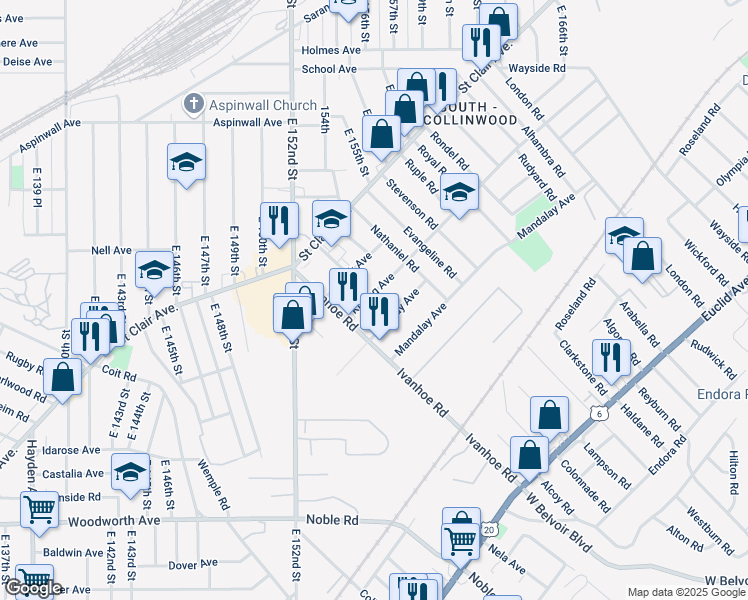 map of restaurants, bars, coffee shops, grocery stores, and more near 15624 Halliday Avenue in Cleveland