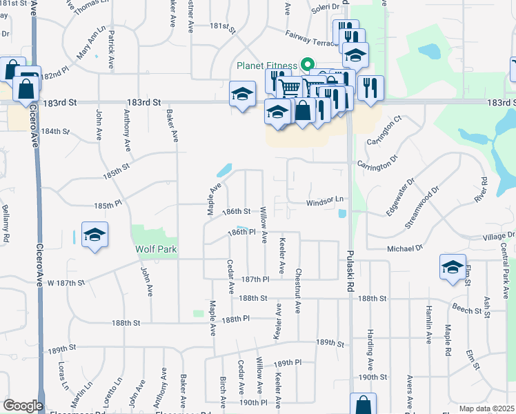 map of restaurants, bars, coffee shops, grocery stores, and more near 4218 186th Street in Country Club Hills
