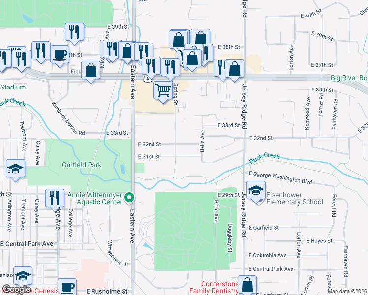 map of restaurants, bars, coffee shops, grocery stores, and more near 1901 East 31st Street in Davenport