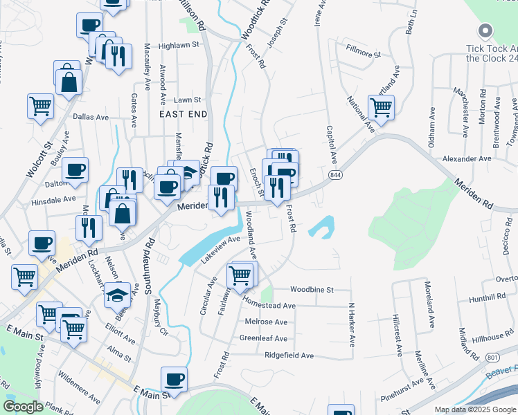 map of restaurants, bars, coffee shops, grocery stores, and more near 513 Meriden Road in Waterbury
