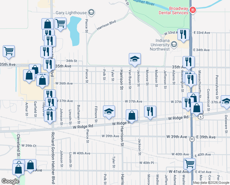 map of restaurants, bars, coffee shops, grocery stores, and more near 3647 Tyler Street in Gary