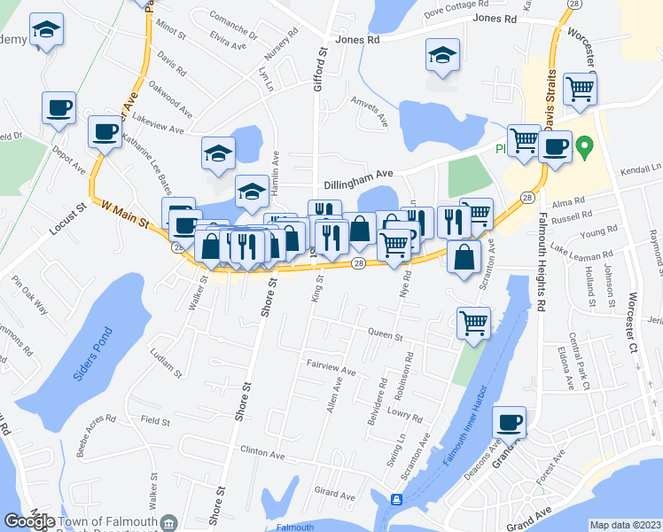 map of restaurants, bars, coffee shops, grocery stores, and more near 451 Main Street in Falmouth
