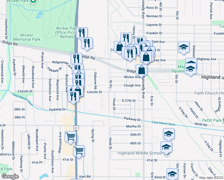 map of restaurants, bars, coffee shops, grocery stores, and more near 8786-8840 1st St in Highland