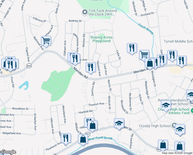 map of restaurants, bars, coffee shops, grocery stores, and more near 29 Harland Avenue in Waterbury