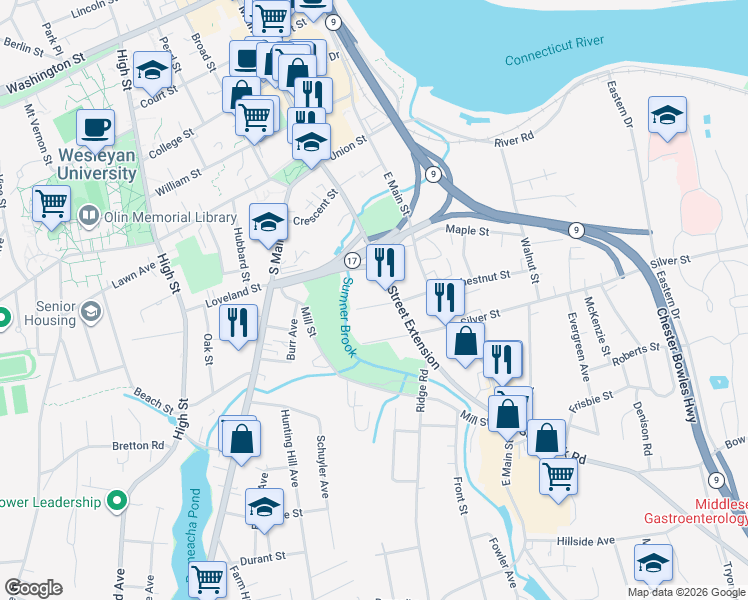 map of restaurants, bars, coffee shops, grocery stores, and more near 117 Main Street Extension in Middletown