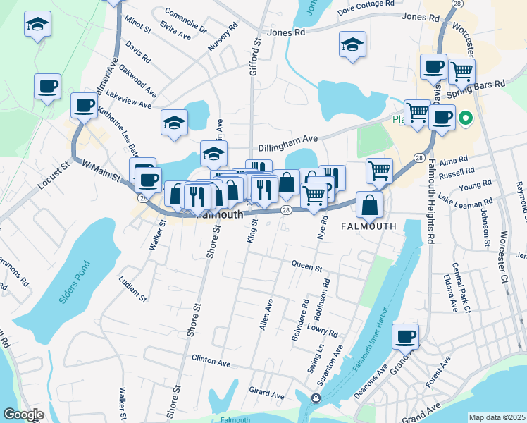 map of restaurants, bars, coffee shops, grocery stores, and more near 449 Main Street in Falmouth