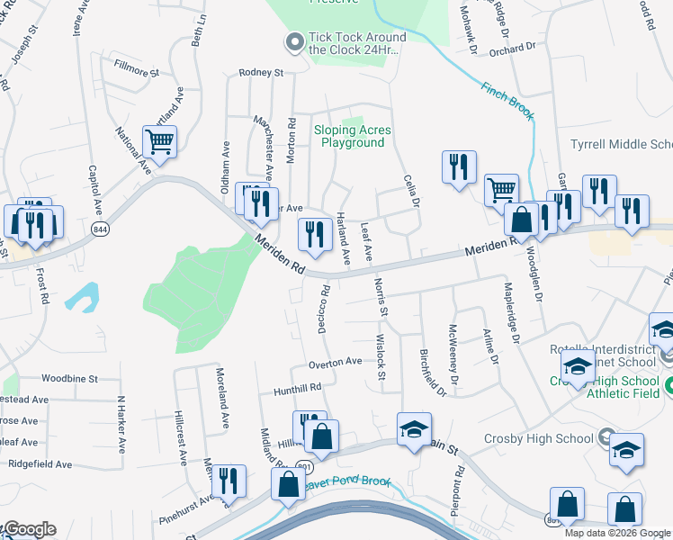 map of restaurants, bars, coffee shops, grocery stores, and more near 29 Harland Avenue in Waterbury