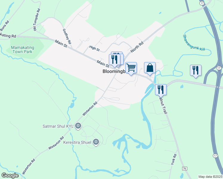 map of restaurants, bars, coffee shops, grocery stores, and more near 21 County Road 62 in Bloomingburg