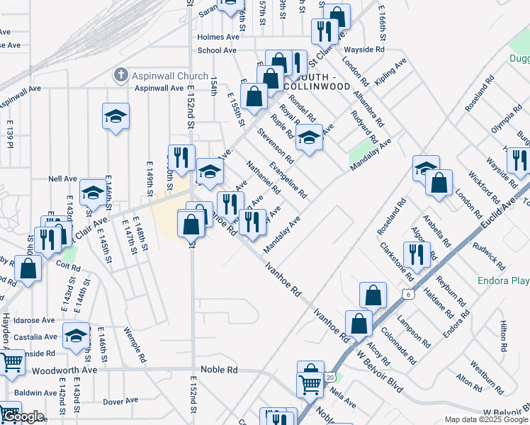 map of restaurants, bars, coffee shops, grocery stores, and more near 15613 Kipling Avenue in Cleveland