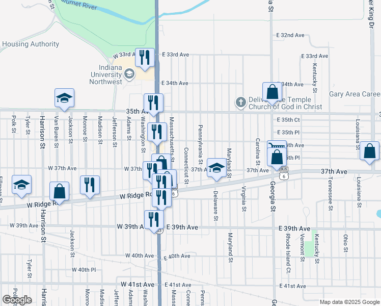 map of restaurants, bars, coffee shops, grocery stores, and more near 151 East 36th Avenue in Gary