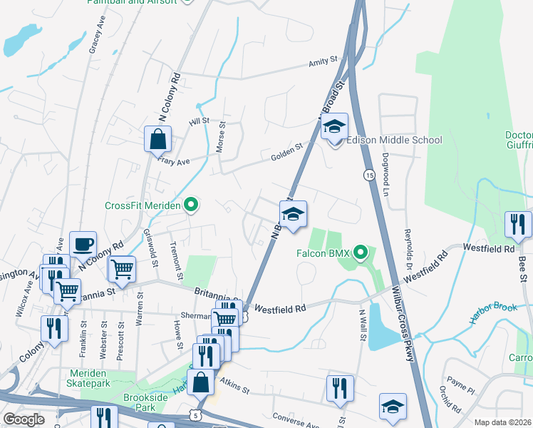 map of restaurants, bars, coffee shops, grocery stores, and more near 40 Clark Street in Meriden