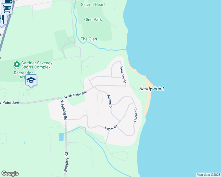 map of restaurants, bars, coffee shops, grocery stores, and more near 501 Sandy Point Avenue in Portsmouth