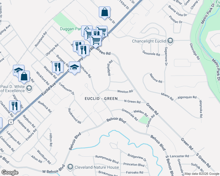 map of restaurants, bars, coffee shops, grocery stores, and more near 18056 Blandford Road in Cleveland