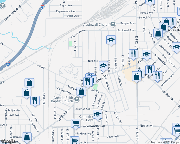 map of restaurants, bars, coffee shops, grocery stores, and more near 963 East 141st Street in Cleveland